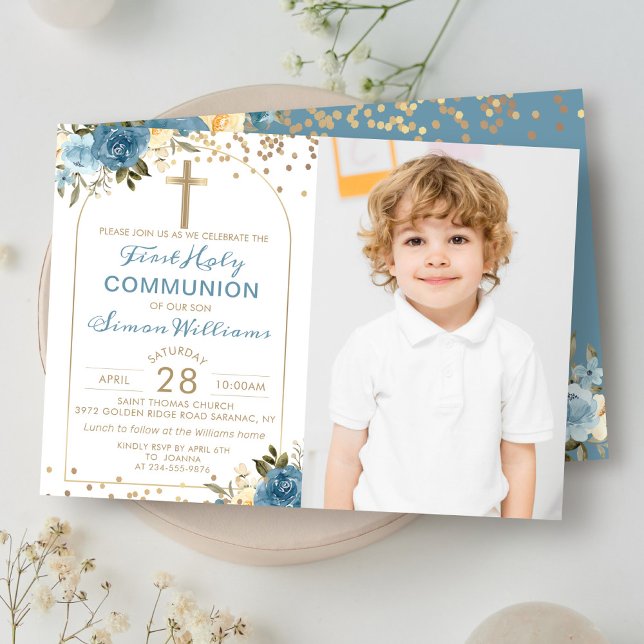 Arch Guld Dusky Blue Blommigt First Communion Phot Inbjudningar (Skapare uppladdad)