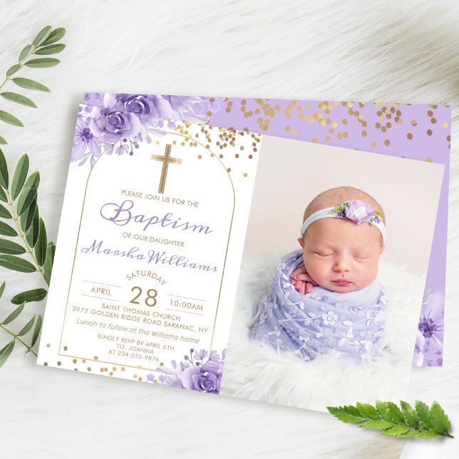 Arch Guld Glitter Lila Blommigt  Girl Girl Baptism Inbjudningar (Skapare uppladdad)