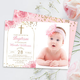 Arch Guld Glitter Rosa Blommigt  Girl Girl Baptism Inbjudningar