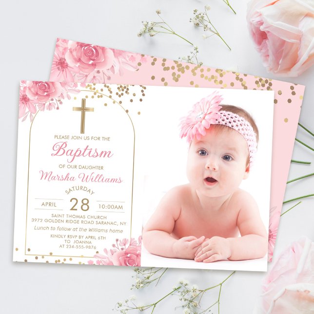 Arch Guld Glitter Rosa Blommigt  Girl Girl Baptism Inbjudningar (Skapare uppladdad)