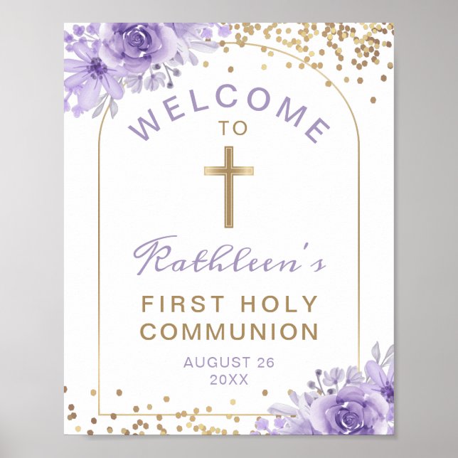 Arch Guld Lila Blommigt First Communion Välkommen Poster (Framsidan)