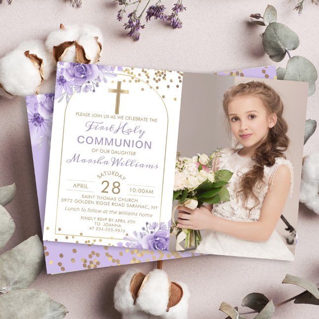Arch Guld Lila Blommigt First Heliga Communion Pho Inbjudningar (Skapare uppladdad)