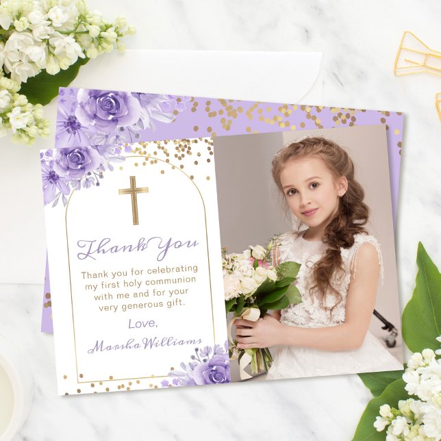 Arch Guld Lila Blommigt First Heliga Communion Pho Tack Kort (Skapare uppladdad)
