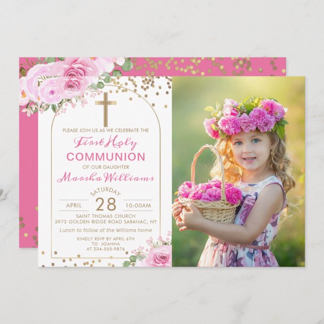 Arch Guld Rosa Blommigt First Heliga Communion Pho Inbjudningar (Fram/baksida)
