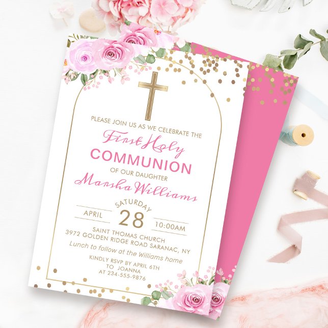 Arch Guld Rosa Blommigt Girl First Heliga Communio Inbjudningar (Skapare uppladdad)