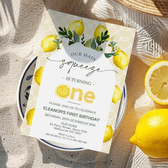 Arch Gult Lemon - vår viktigaste säck 1:a födelsed Inbjudningar (Girls Our Main Squeeze 1st Birthday Invitation, Modern Main Squeeze First Birthday Invitation, Lemon)