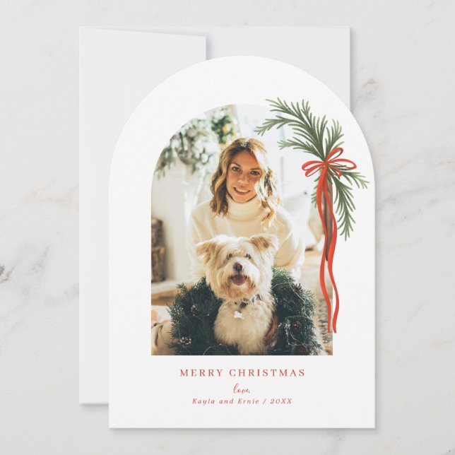 Arch Helgdag Greenery Swag Red Bow Julfoto Inbjudningar (Framsida)