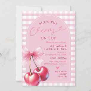Arch, hon är Cherry på Top Gingham Rosa Birthday B Inbjudningar