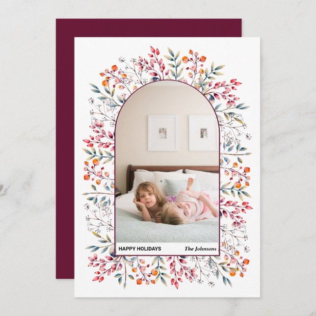 Arch löv och bär, brinnande julfoto julkort (Fram/baksida)
