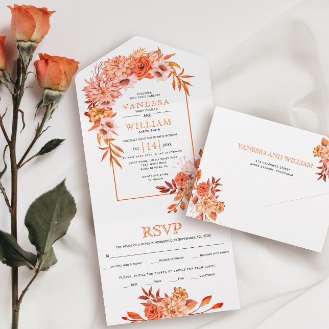 Arch med orange blommor och löv faller bröllop (Skapare uppladdad)