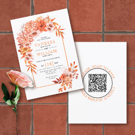 Arch med orange blommor QR-kodfallsbröllop Inbjudningar