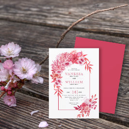 Arch med rosa rödblommor och löv bröllop inbjudningar