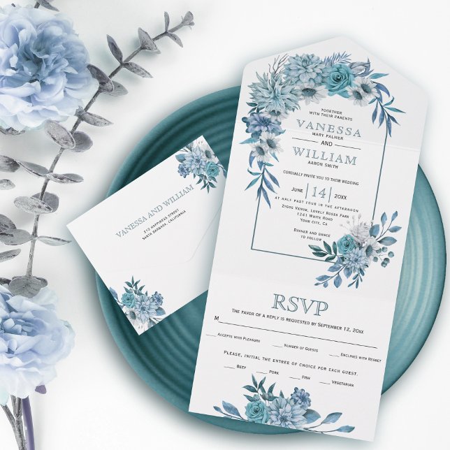 Arch med teal, aqua blåa blommor, löv bröllop (Skapare uppladdad)