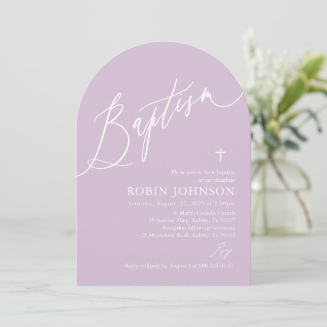Arch Modern Dusty Lila Kor Flicka Baptism Inbjudningar (Stående Fram)