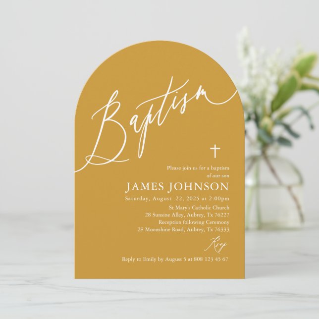 Arch Modern Minimalist Mustard Gult Baptism Inbjudningar (Stående Fram)