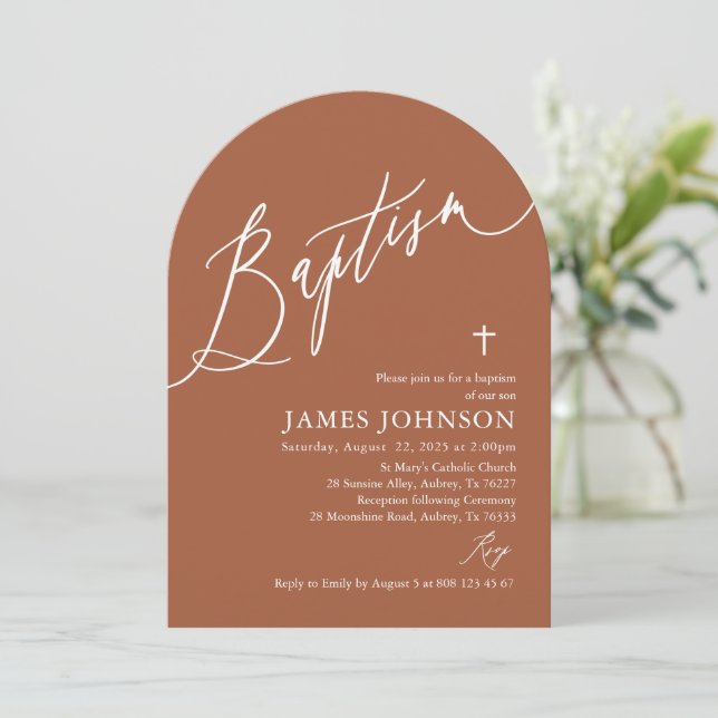 Arch Modern Terracotta Burnt Orange Baptism Inbjudningar (Stående Fram)