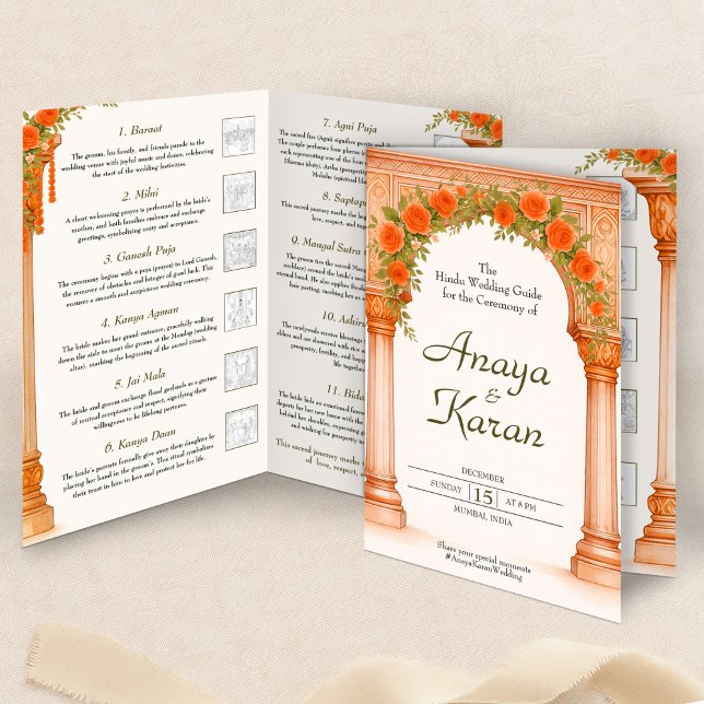 Arch of Orange Ro indisk Bröllopsprogram (Elegant Indian Wedding Program Hindu Ceremony Guid Flyer)