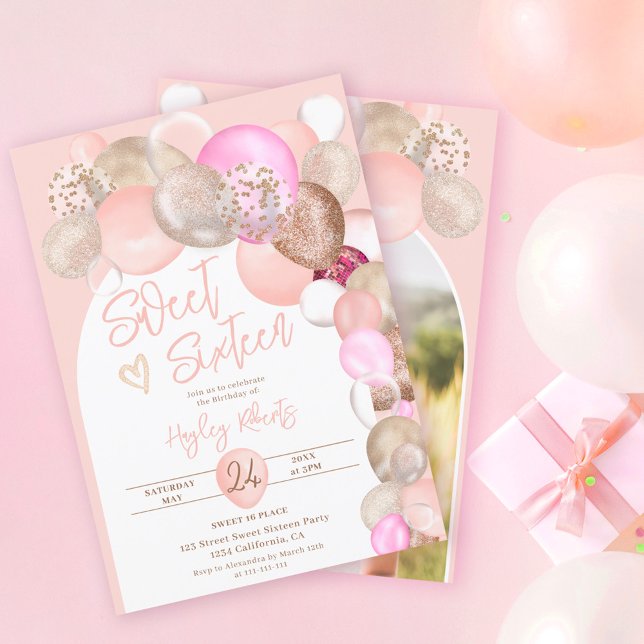 Arch pastel Boho glitter-ballonger rosa Sweet 16 Inbjudningar (Skapare uppladdad)