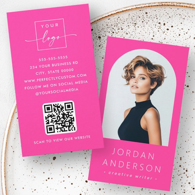 Arch Phomodern minimalist QR-logotyp shock rosa Visitkort (Arch photo modern minimalist QR code logo hot pink Business Card)