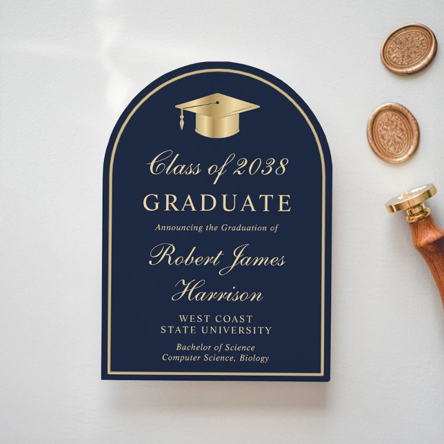 Arch Photo Blue Guld Studenten Inbjudningar (Share the pride and excitement of your graduate's achievement with friends and family near and far)