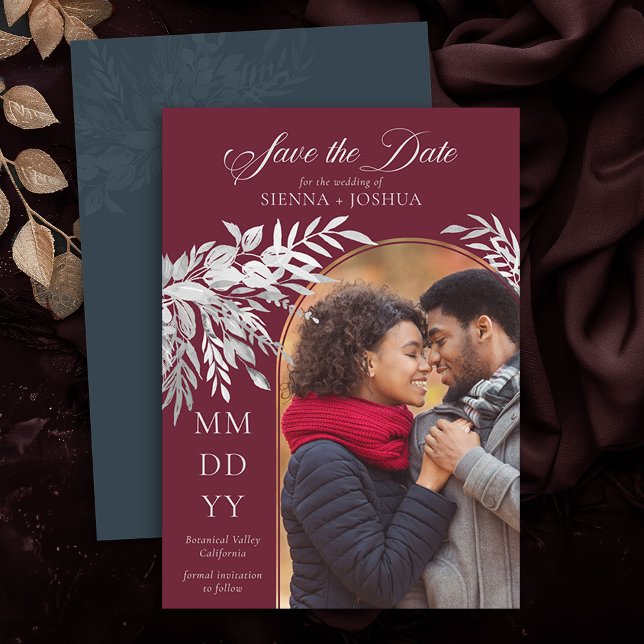 Arch Photo Botanical Foliage Burgundy Grått Spara Datumet (Photo Save the Date Invite in Burgundy and Grey from the Foliage Duet Collection by Darling & May)
