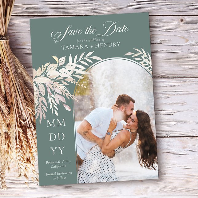 Arch Photo Botanical Foliage Sage Grönt Spara Datumet (Arch photo save the date in Sage Green, from my Foliage Duet collection)