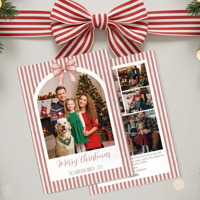 Arch Photo Christmas Card with Red Stripes & Bow Julkort (Skapare uppladdad)