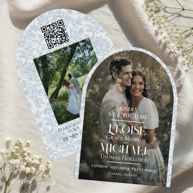 Arch Photo Floral Toile Script Save the Date Inbjudningar (Formally invite guests to your big day with this Arch Photo Floral Toile Script Save the Date!)