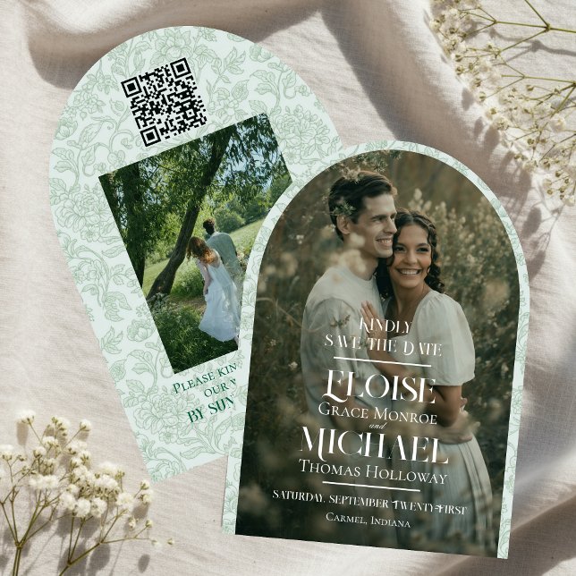 Arch Photo Floral Toile Script Save the Date Inbjudningar (Formally invite guests to your big day with this Arch Photo Floral Toile Script Save the Date!)