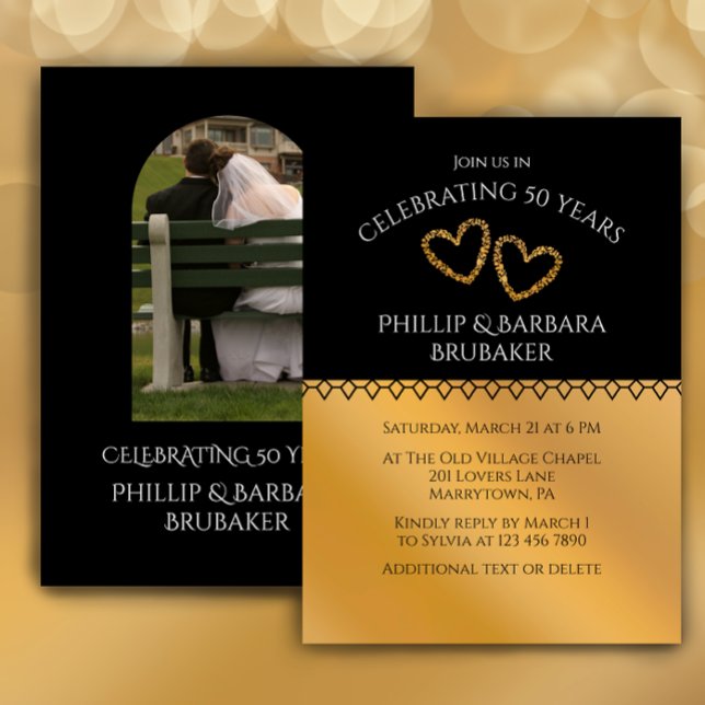 Arch Photo Golden 50:e Bröllop-årsdagen Party Inbjudningar (Add your photo and names for an elegant black and faux gold 50 wedding anniversary party invitation
)