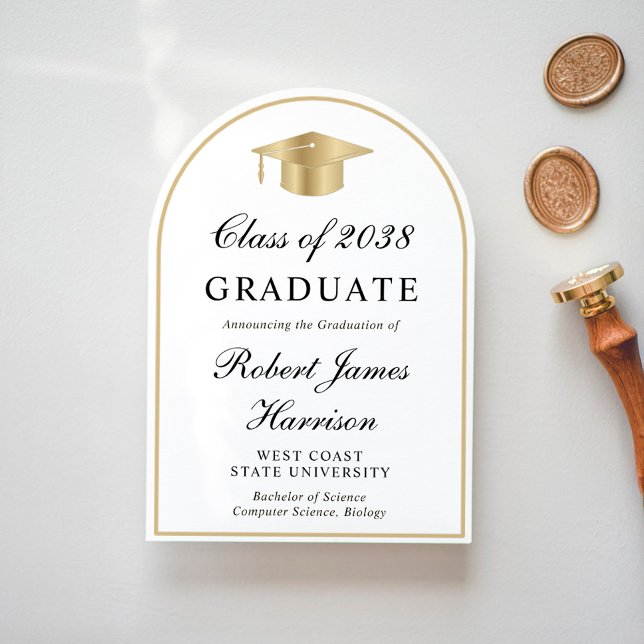 Arch Photo White Guld Studenten-meddelande Inbjudningar (Share the pride and excitement of your graduate's achievement with friends and family near and far)