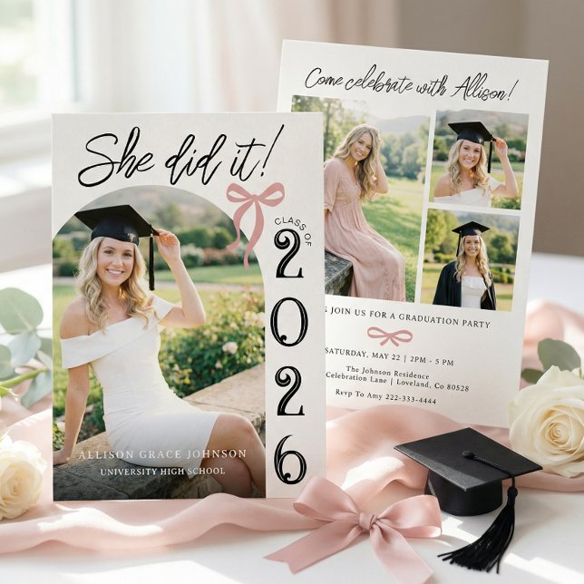 Arch Pink Bow Photo Graduation Party Invitation Inbjudningar (Skapare uppladdad)