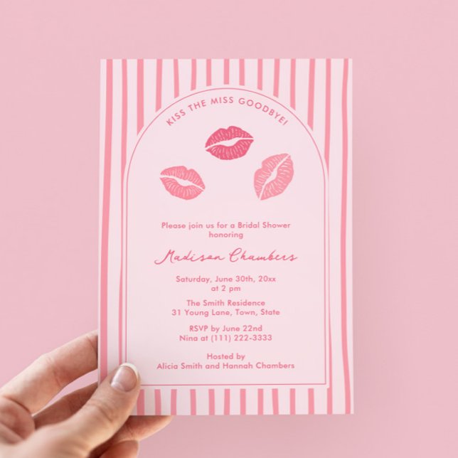 Arch Pink Lips Kiss The Miss Goodbye Bridal Shower Inbjudningar (Modern pink kissy lips Valentine's Day bridal shower invitations with modern arch)