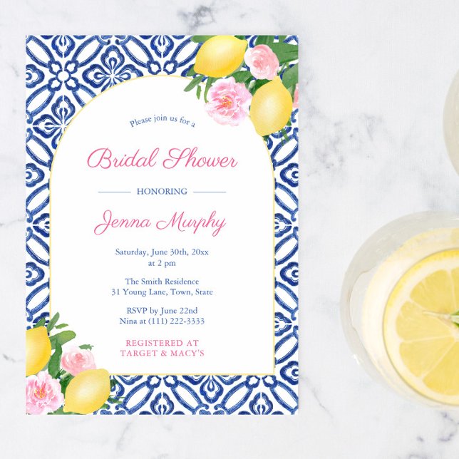 Arch Positano Lemons Blue Tiles, Möhippa Inbjudningar (Arch shape pink flowers positano lemons bridal shower invitations)