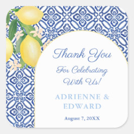 Arch Ram Capri Lemons Blue Tiles Wedding Favor Fyrkantigt Klistermärke