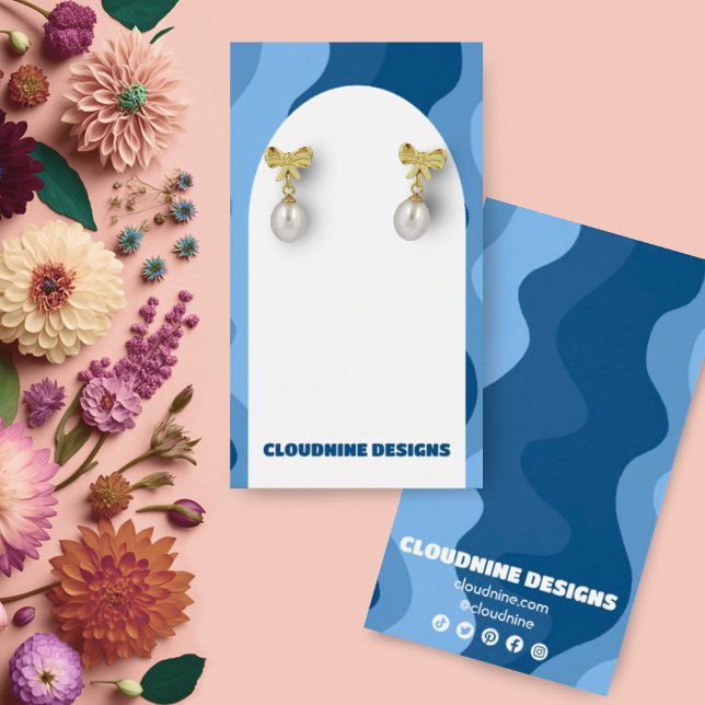 Arch Retro Vågar Earring Necklace Jewelry Visning Visitkort (Blue waves custom earring display cards with arch shapes. Social media icons)