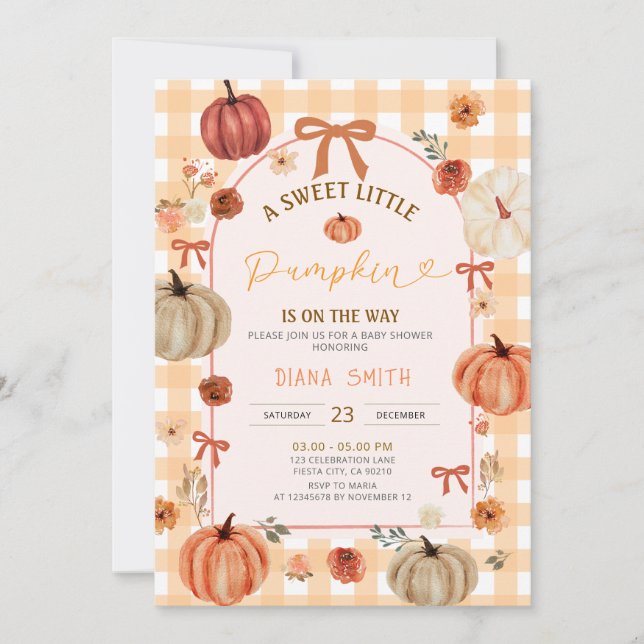 Arch Ribbon Bow Little Pumpkin Baby Shower Invite Inbjudningar (Framsida)