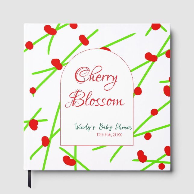 Arch shape cherry blossom red green baby shower na gästböcker (Framsida)