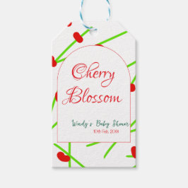 Arch shape cherry blossom red green baby shower na presentetikett