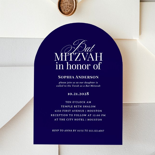 Arch Shape Classic Luxe | Mörk blått Bat mitzvah Inbjudningar (Skapare uppladdad)