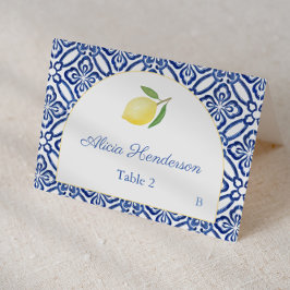 Arch Shape Lemon Blue Tiles Bröllop Place Card Bordsnummer