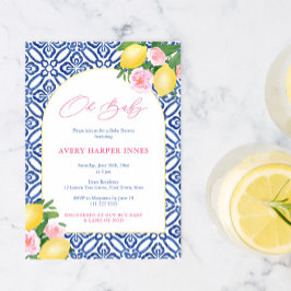 Arch Shape Lemons Blue Tiles Rosa Girl Baby Shower Inbjudningar
