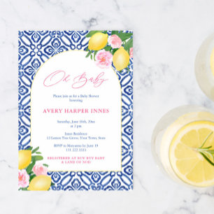 Arch Shape Lemons Blue Tiles Rosa Girl Baby Shower Inbjudningar