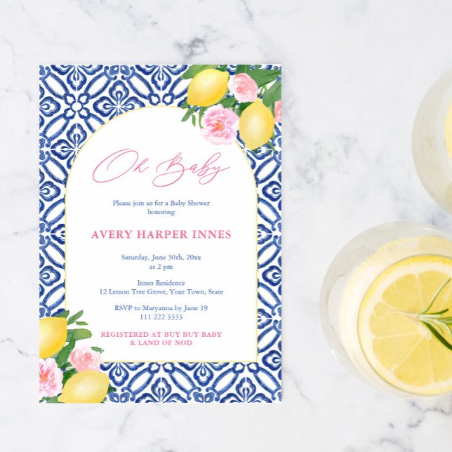 Arch Shape Lemons Blue Tiles Rosa Girl Baby Shower Inbjudningar (Skapare uppladdad)