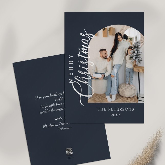 Arch Shape Midnight Blue Photo jul Hälsning Julkort (Arch Shape Midnight Blue Photo Christmas Greeting Holiday Card on a white table)