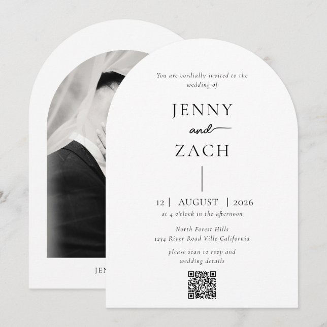 Arch Simple Modern Photo Qr Code Wedding Inbjudningar (Fram/baksida)
