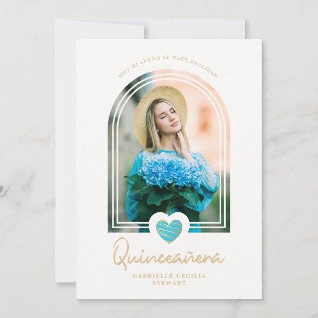 Arch Spanish Modern Blue Heart Photo Quinceañera (Framsida)