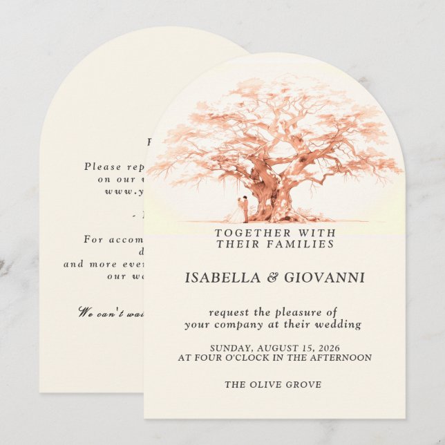 Arch Sunset Olive Tree Destination Wedding Inbjudningar (Fram/baksida)