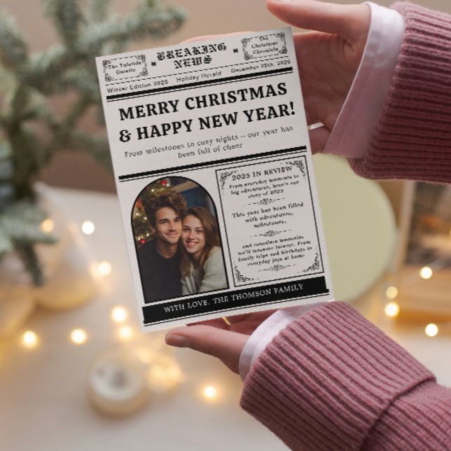 Arch What a Year in Review Newspaper Julkort (newspaper year in review what a year photo collage modern family vintage classic black and white)