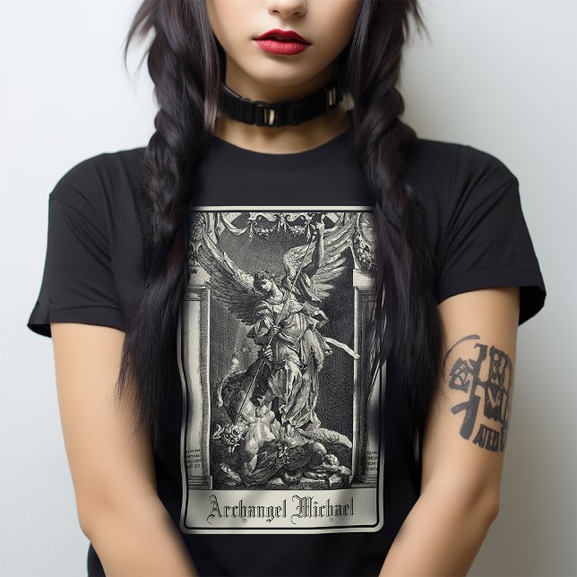 Archangel Michael Tarot Card Religiösa Art Gothic T Shirt (Wear your own Archangel for protection and Defeat the Devil. Personalise with your own text.)